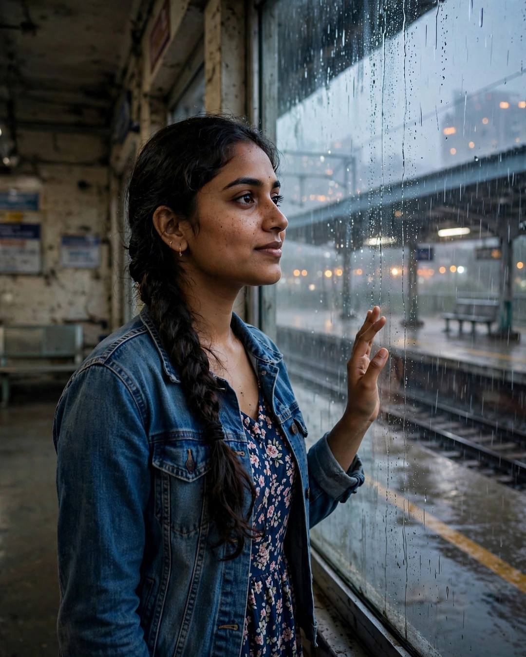Young woman in a denim jacket over a floral dress standing at a rain-streaked window on a railway platform, hand on the glass, dawn light beyond