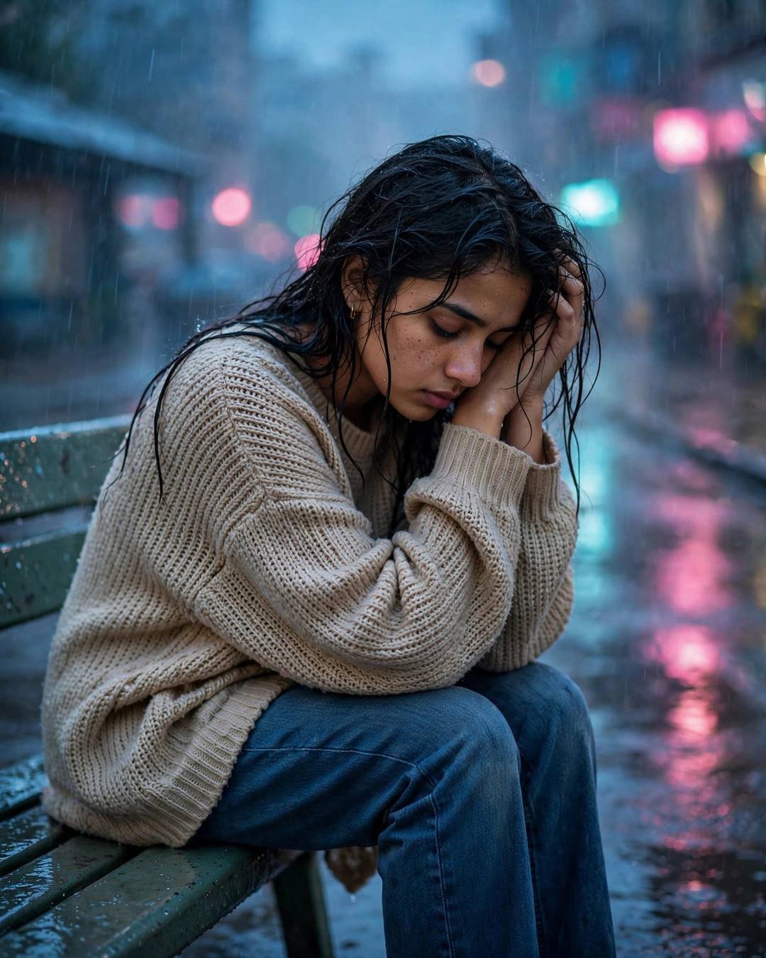 Young woman in a beige knit sweater sitting on a bench with her head in her hands, wet hair, rain-soaked street with neon pink and cyan glow