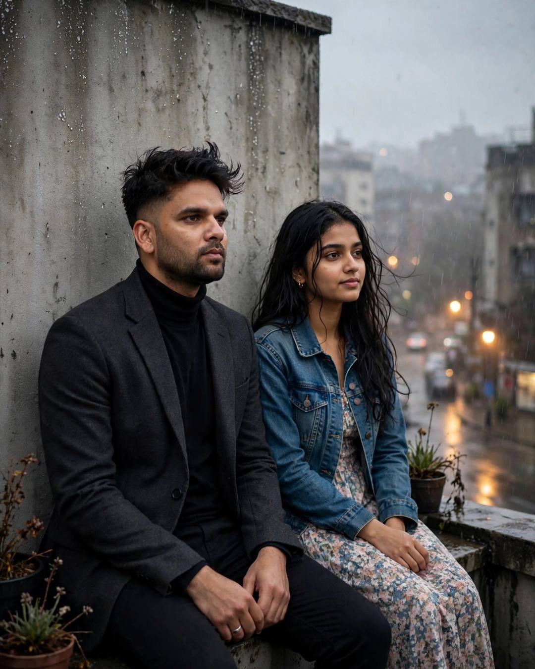 Indian couple sitting together on a rain-soaked rooftop at dusk, city streetlamps glowing below
