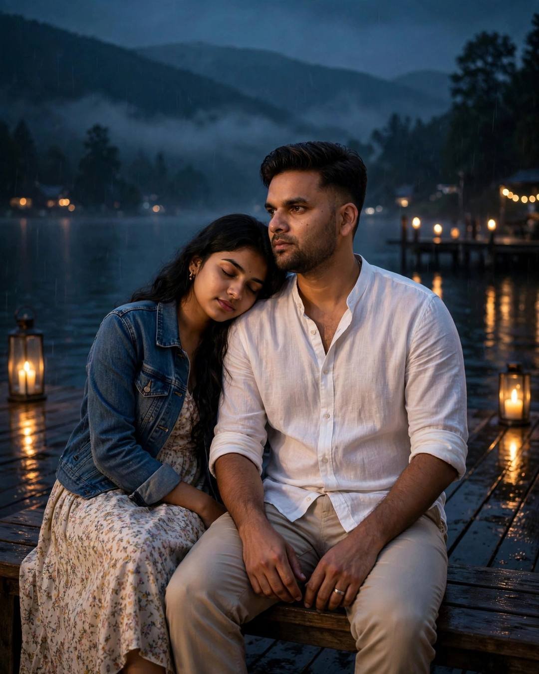 Indian couple on a lake pier bench at night, her head on his shoulder, two small diyas burning beside them