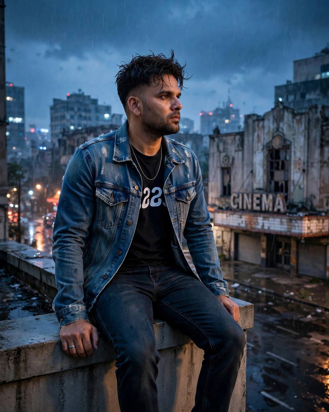 Young man sitting on a rooftop ledge above wet city streets with an abandoned cinema hall behind him at blue hour