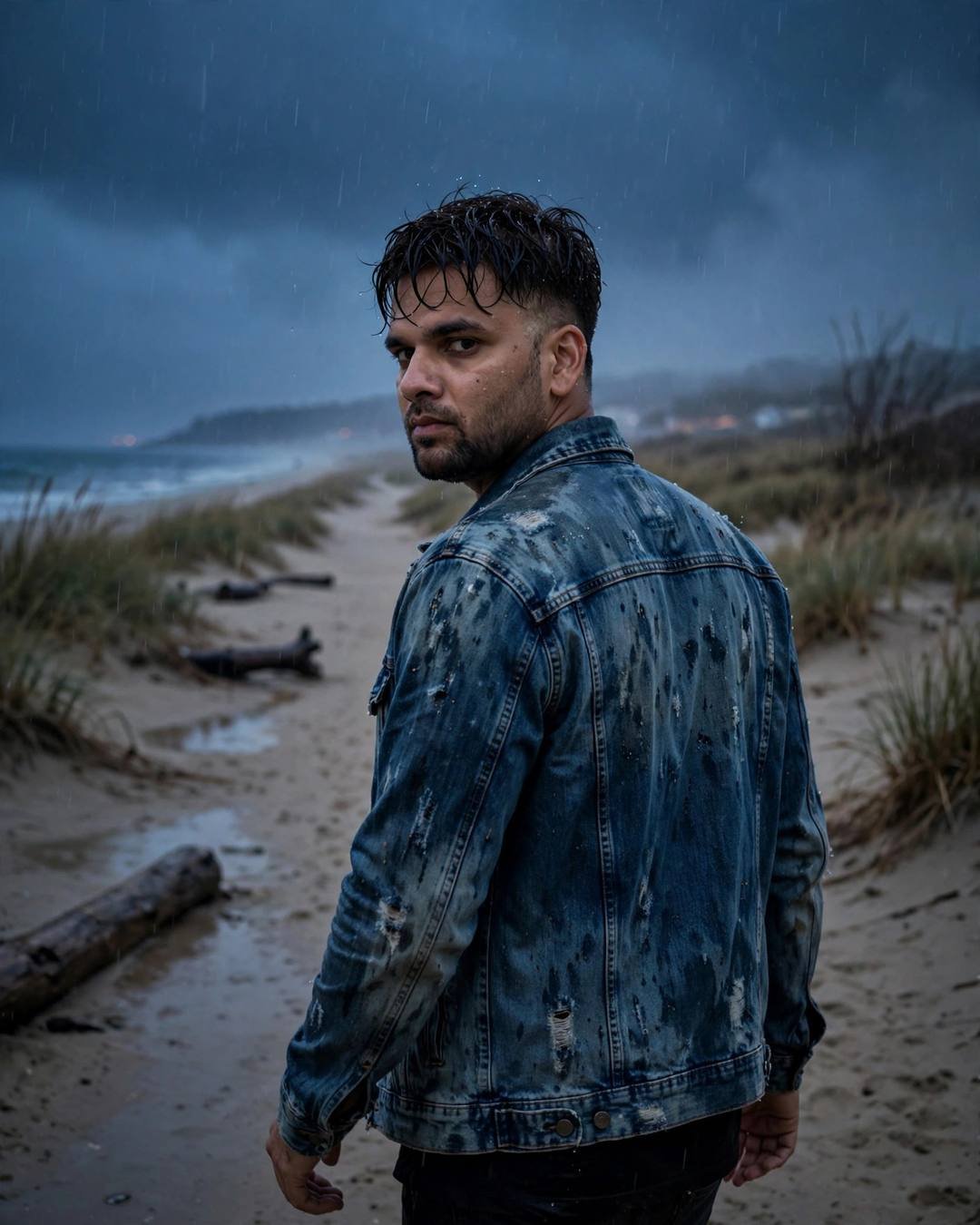 Young man in a denim jacket walking an empty beach path in drizzle, glancing back over his shoulder at dusk