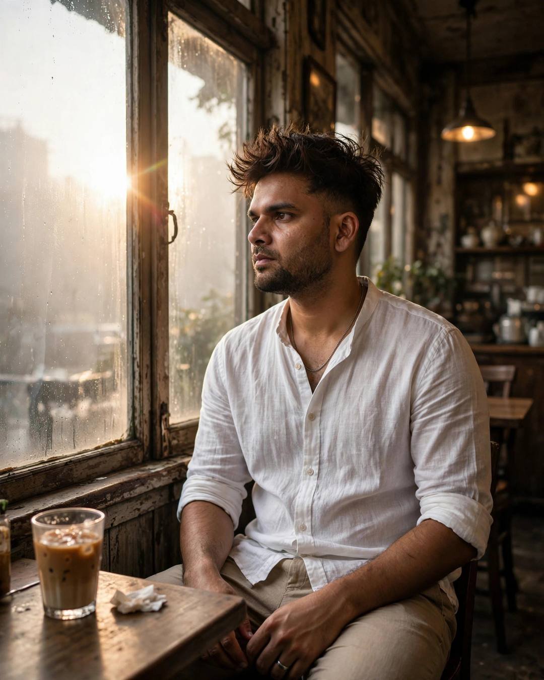 Young man in a white linen shirt sitting at an old cafe table by a fogged window at dawn, cold coffee untouched
