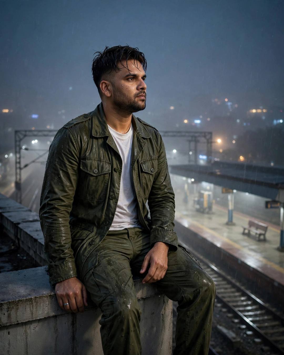 Young man in an olive field jacket sitting on a rooftop ledge above a foggy empty railway platform at night