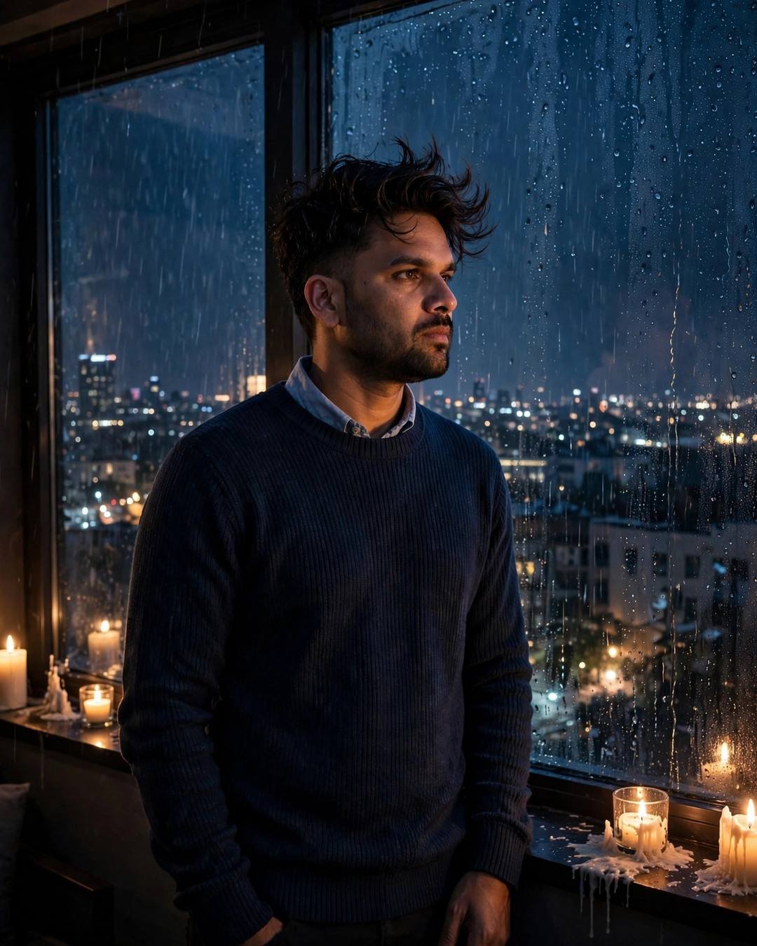 Young man in a navy sweater standing at a rain-streaked window with candles, overlooking sleeping city lights at night