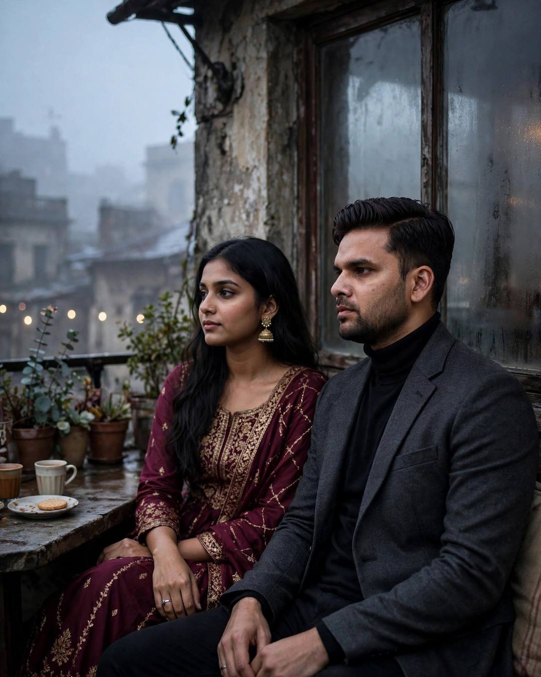 Couple sitting side by side on a misty rooftop by a fogged window, man in charcoal blazer and black turtleneck, woman in maroon anarkali with jhumkas