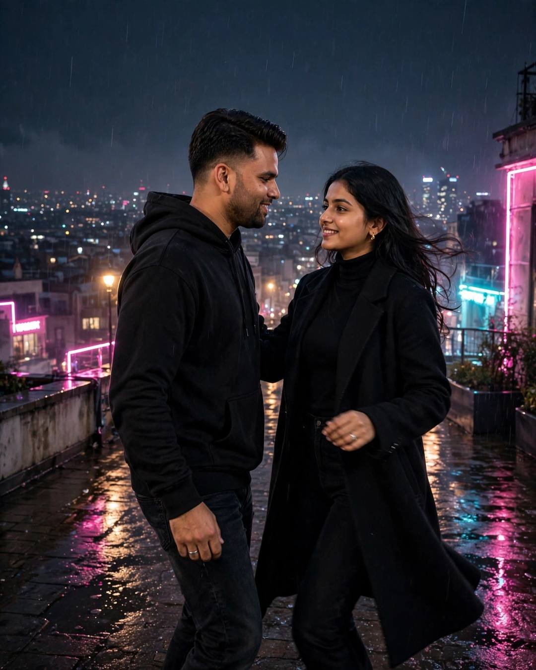 Couple slow dancing on a wet rooftop at midnight, man in black hoodie, woman in black coat, neon pink and cyan city lights reflecting behind them