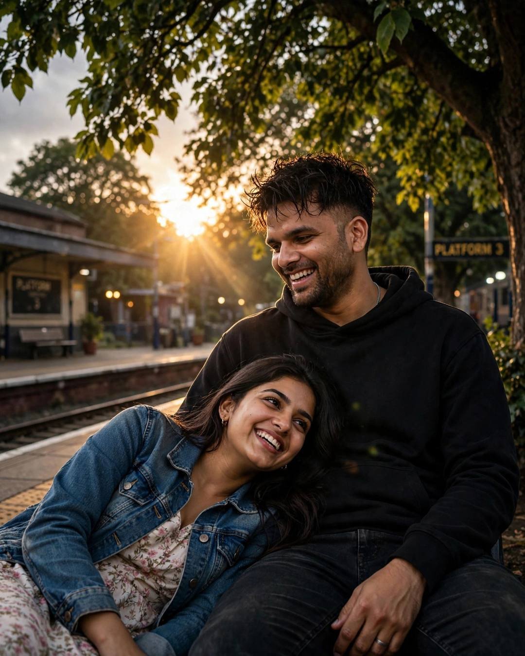 Laughing couple on an empty railway platform at sunset, her head resting on his shoulder, golden backlight with lens flare