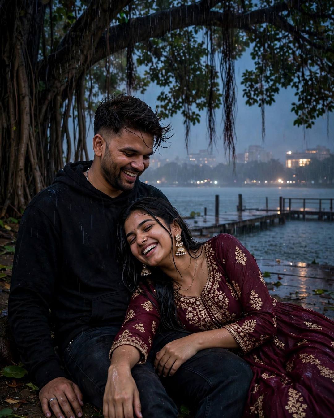 Couple laughing under a banyan tree by a lake pier in monsoon rain, her head in his lap, maroon anarkali with jhumkas