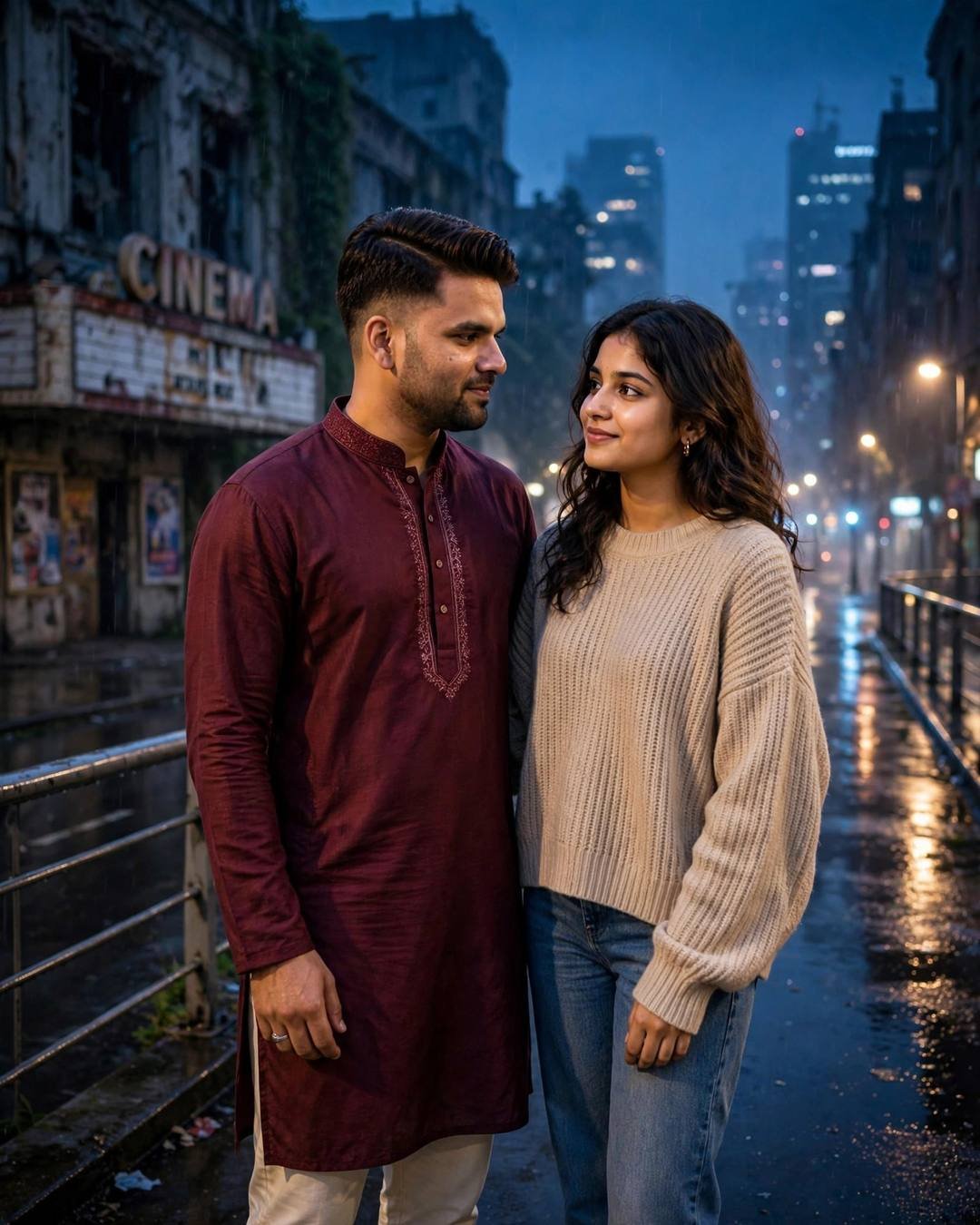 Couple facing each other on a wet city street at blue hour, man in maroon kurta, woman in beige sweater, old cinema marquee behind