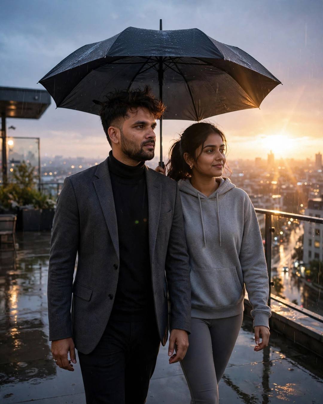 Couple under an umbrella on a rooftop overlooking a glowing city at sunset, man in charcoal blazer, woman in grey hoodie