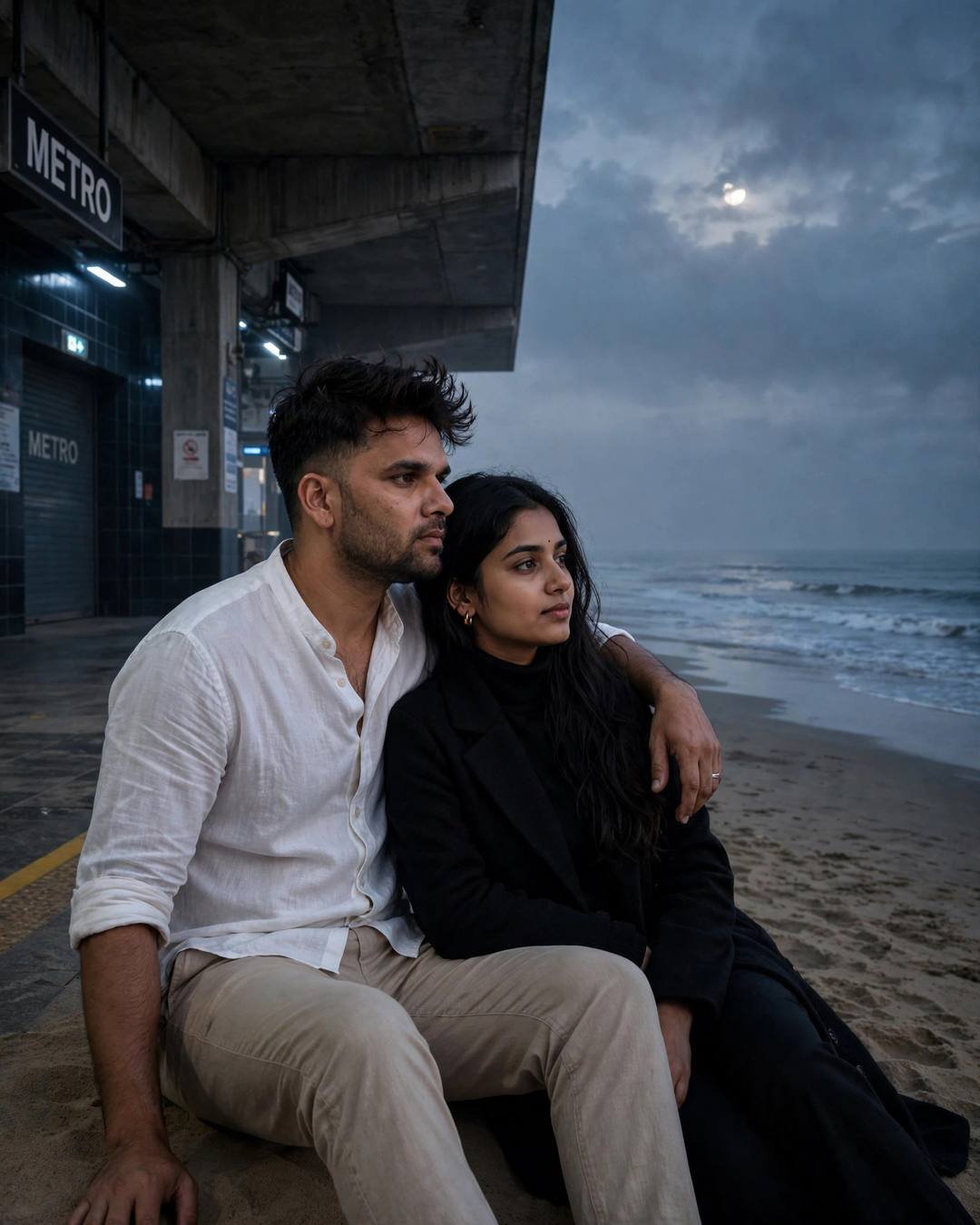 Couple sitting on sand beside a metro station at night, his arm around her, man in white linen shirt, woman in black coat, moonlit waves