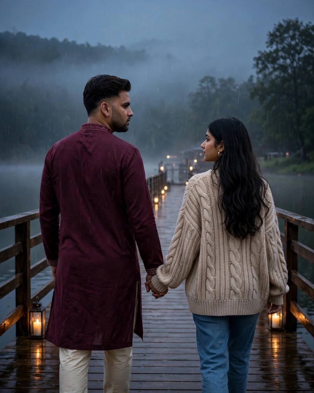 Couple walking hand in hand away down a misty lake pier at dawn, man in maroon kurta, woman in beige sweater, lanterns glowing