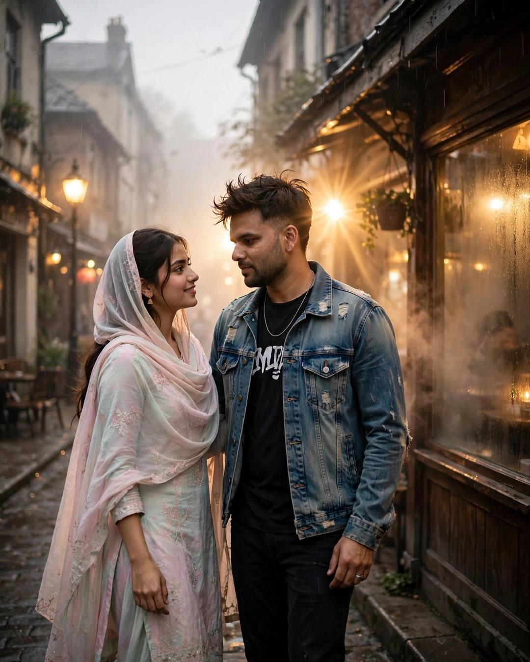 Couple slow dancing on an old-city street at golden hour, man in distressed denim jacket, woman in pastel salwar-kameez, lens flare behind