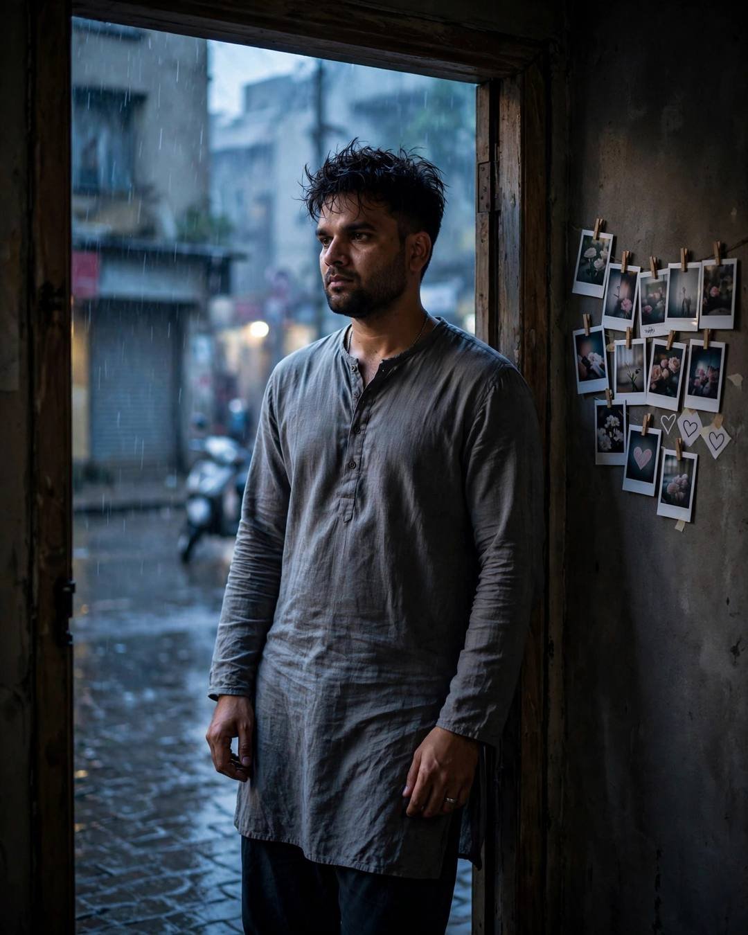 Young man in a grey kurta standing in a doorway watching rain on a city street, polaroid photos pinned on the wall beside him