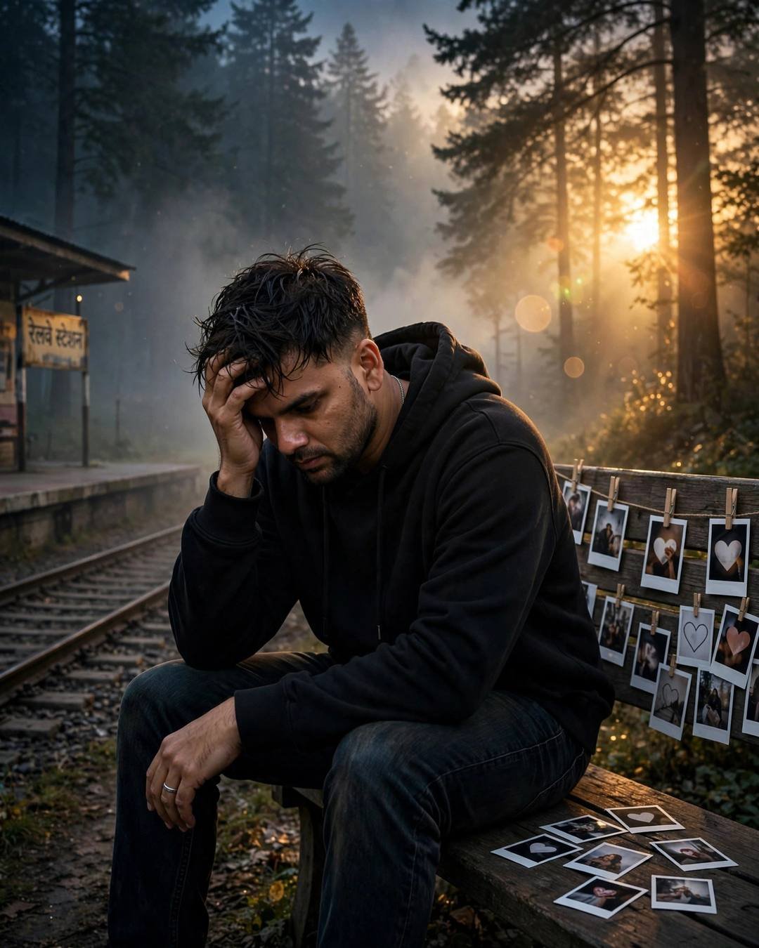 Young man in a black hoodie sitting on a station bench with head in hand, golden sunset flaring through a misty pine forest, polaroids pinned beside him