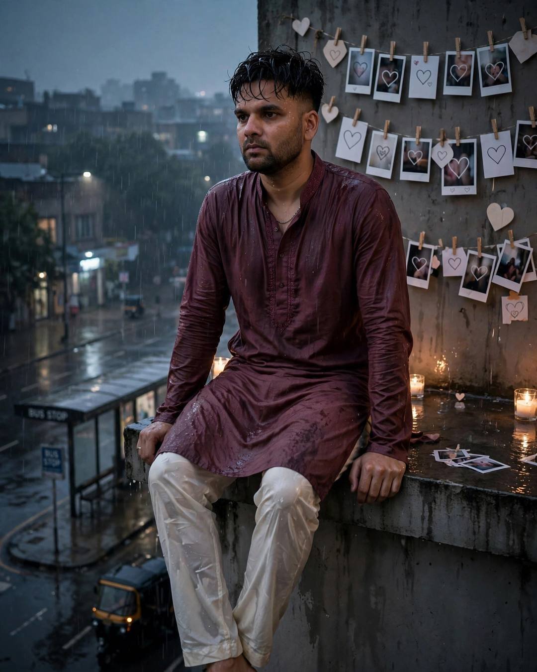 Young man in a maroon kurta sitting on a rainy rooftop ledge at night, strings of heart polaroids and candles beside him, city below
