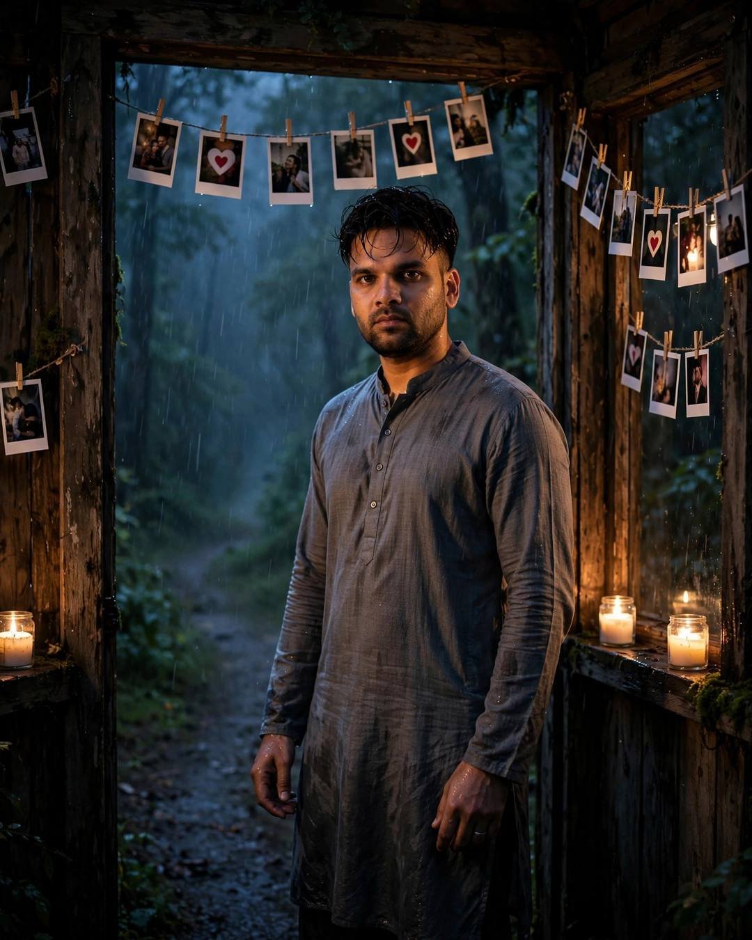 Young man in a grey kurta standing in a wooden doorway before a misty rain forest, polaroid photos on strings and candles around him