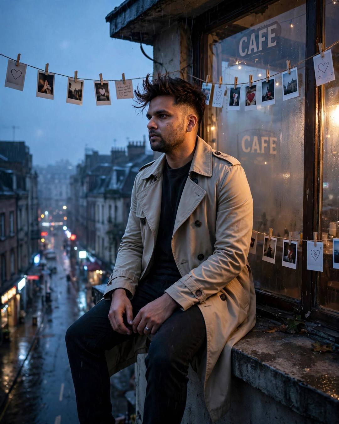 Young man in a beige trench coat sitting on a ledge by a fogged cafe window at blue hour, polaroid photos strung overhead, wet street below
