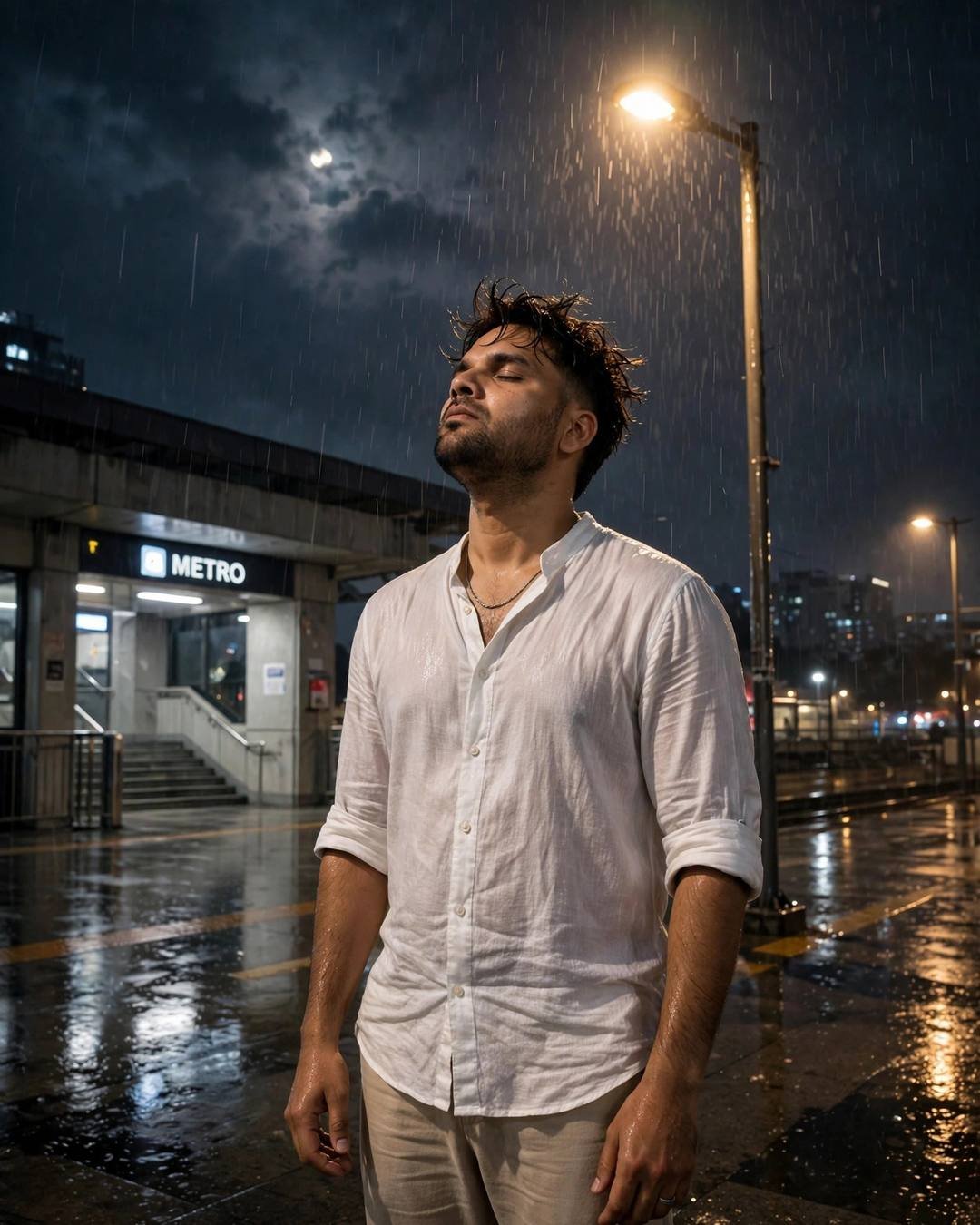 Young man in a white linen shirt standing in rain outside a metro station at midnight, face lifted to the sky, moon behind clouds