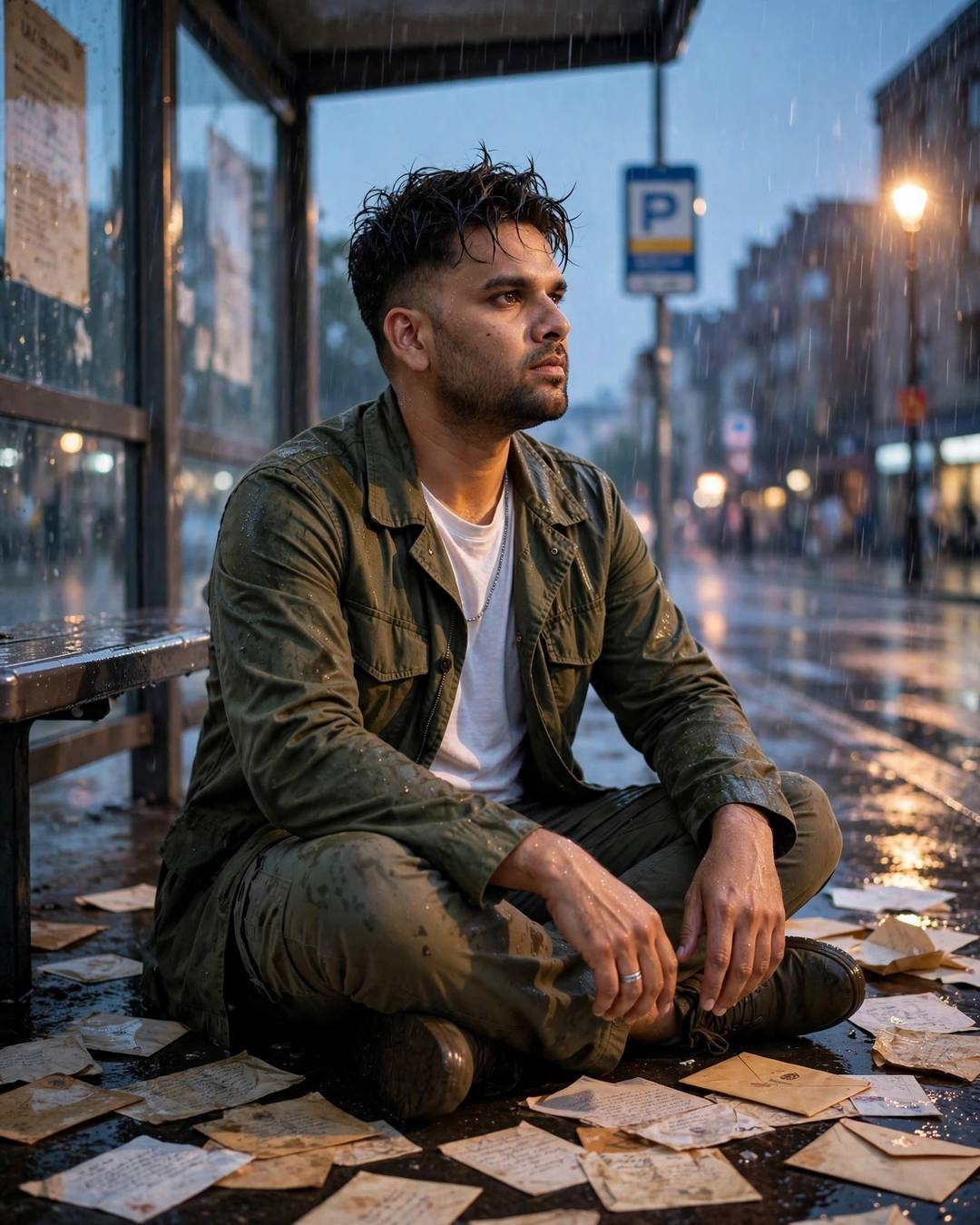 Young man in an olive field jacket sitting cross-legged among old letters at a rainy bus stop at blue hour