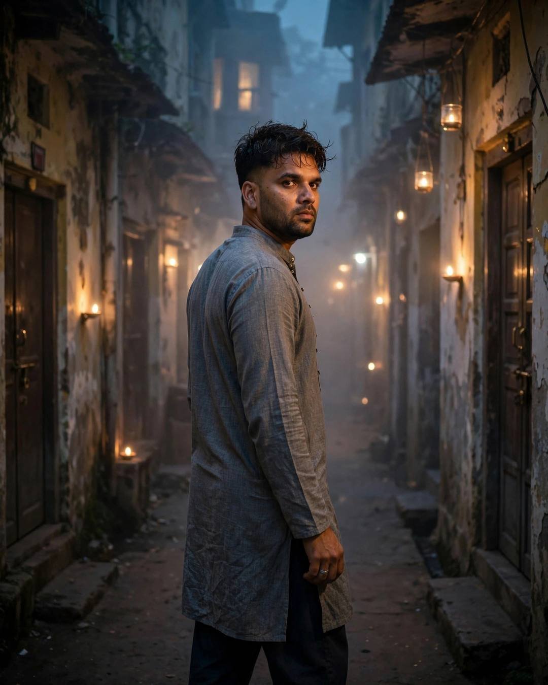 Young man in a grey kurta glancing back at the camera in a foggy old-city lane, candles burning in wall niches, dense fog