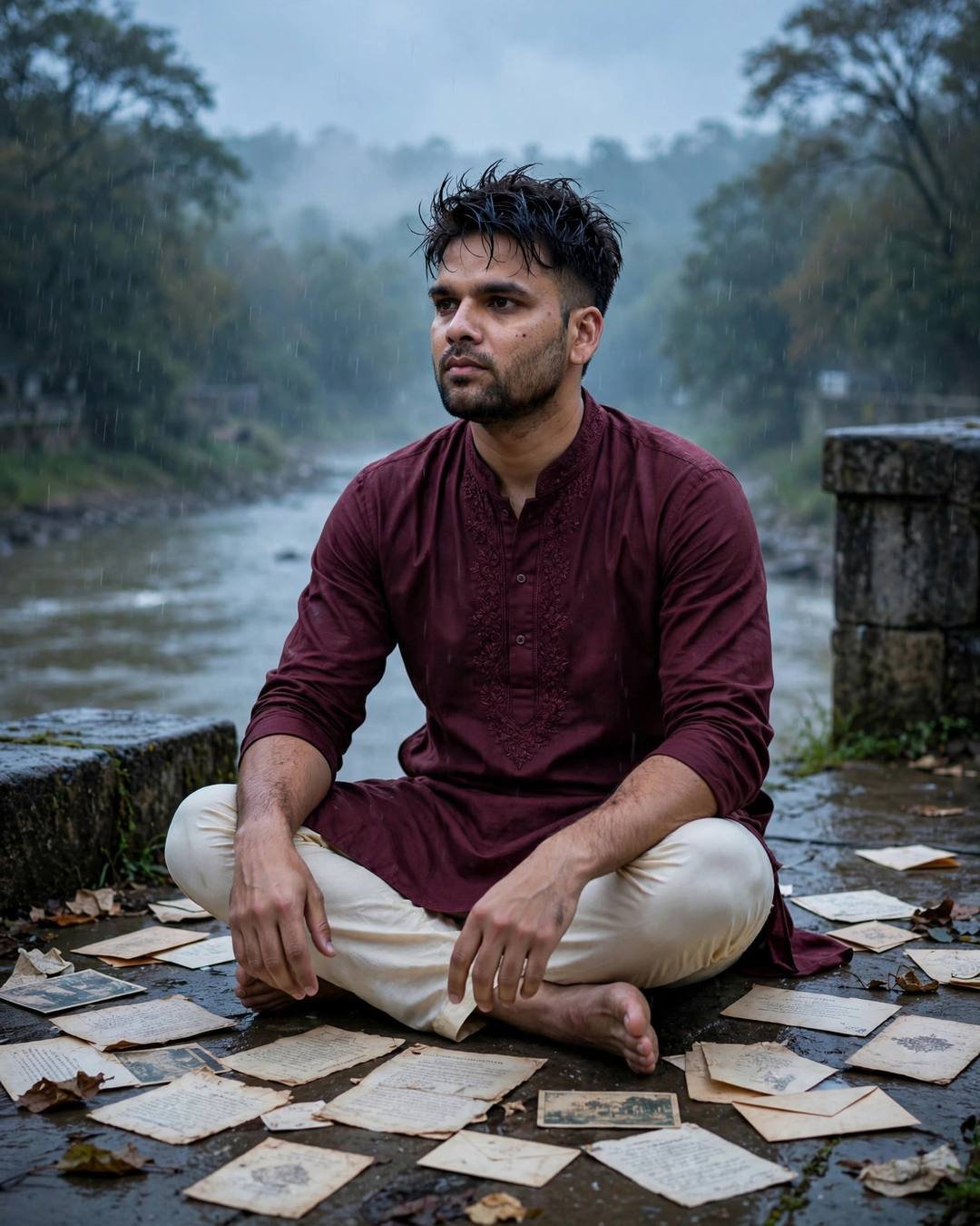Young man in a maroon kurta sitting cross-legged among old letters on a stone bridge over a misty river in light rain