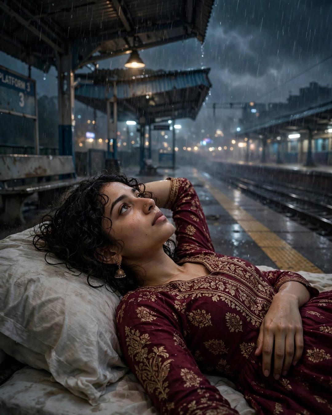 Young woman in a maroon anarkali with jhumkas lying on a bed on an empty railway platform at night in heavy monsoon rain