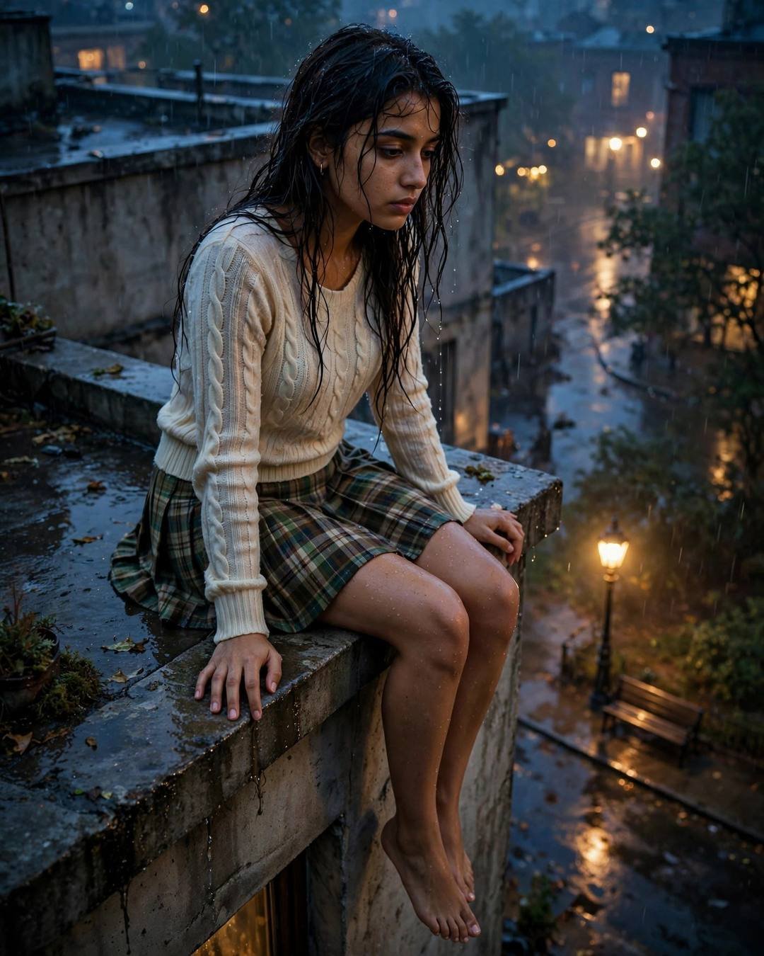 Young woman in a cream knit top and plaid skirt sitting barefoot on a rooftop ledge in the rain, legs dangling over the glowing wet street