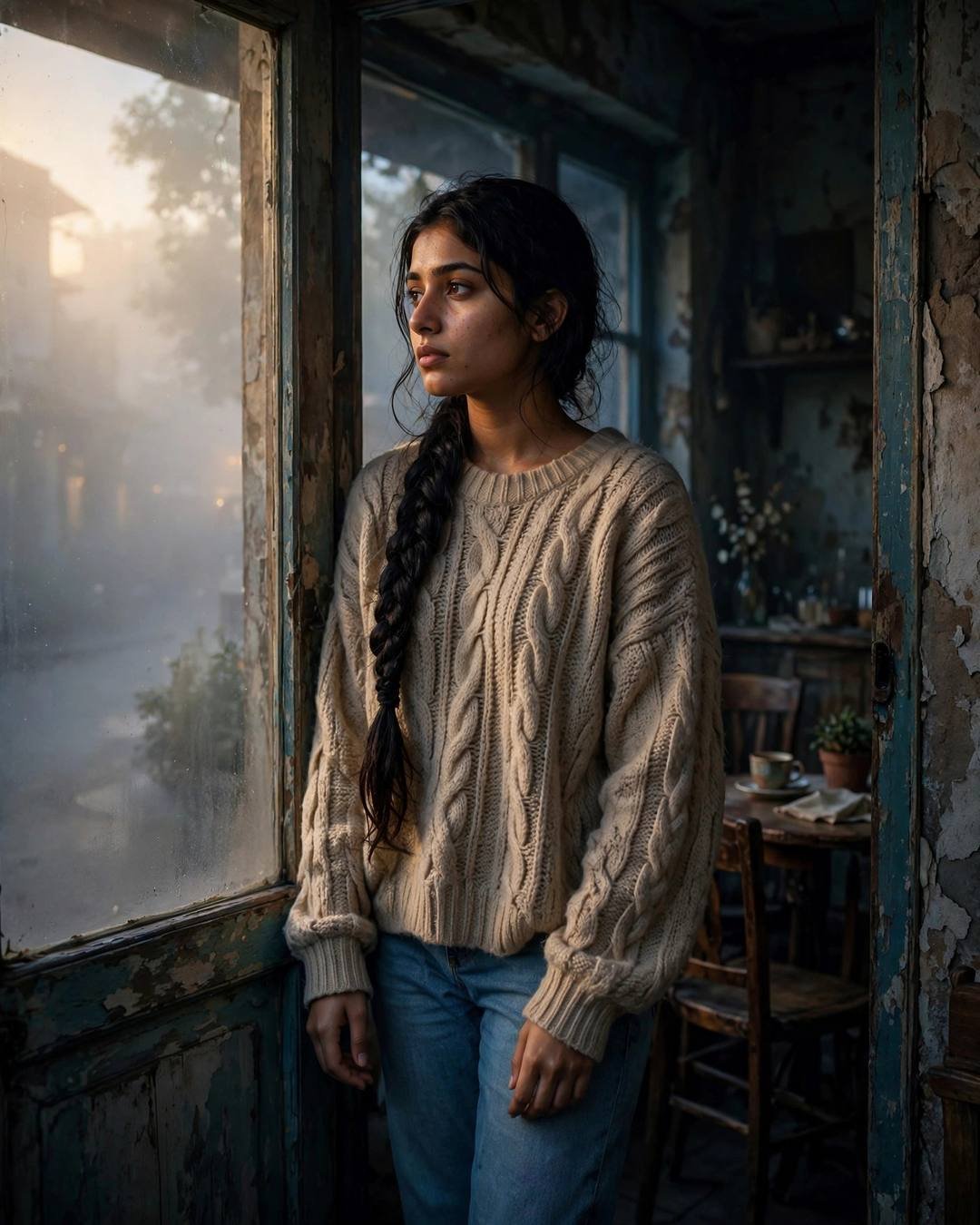 Young woman in an oversized beige sweater standing half in shadow in an old cafe doorway, long braid, golden-hour fog beyond