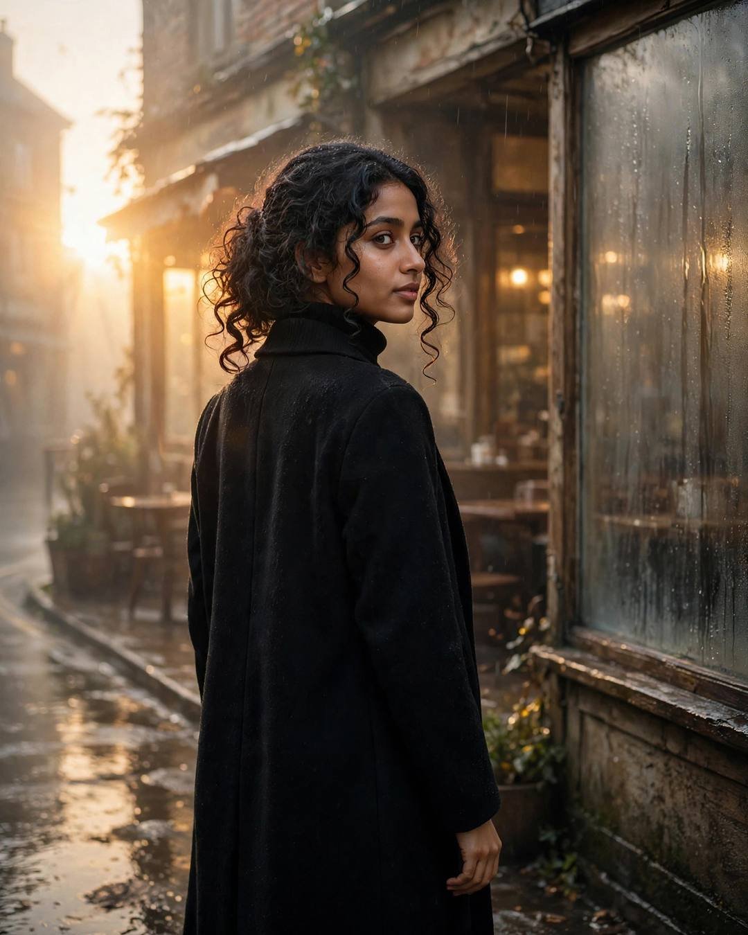 Young woman in a black turtleneck and long coat looking back over one shoulder at dawn, golden-hour backlight with lens flare, old cafe window beside her