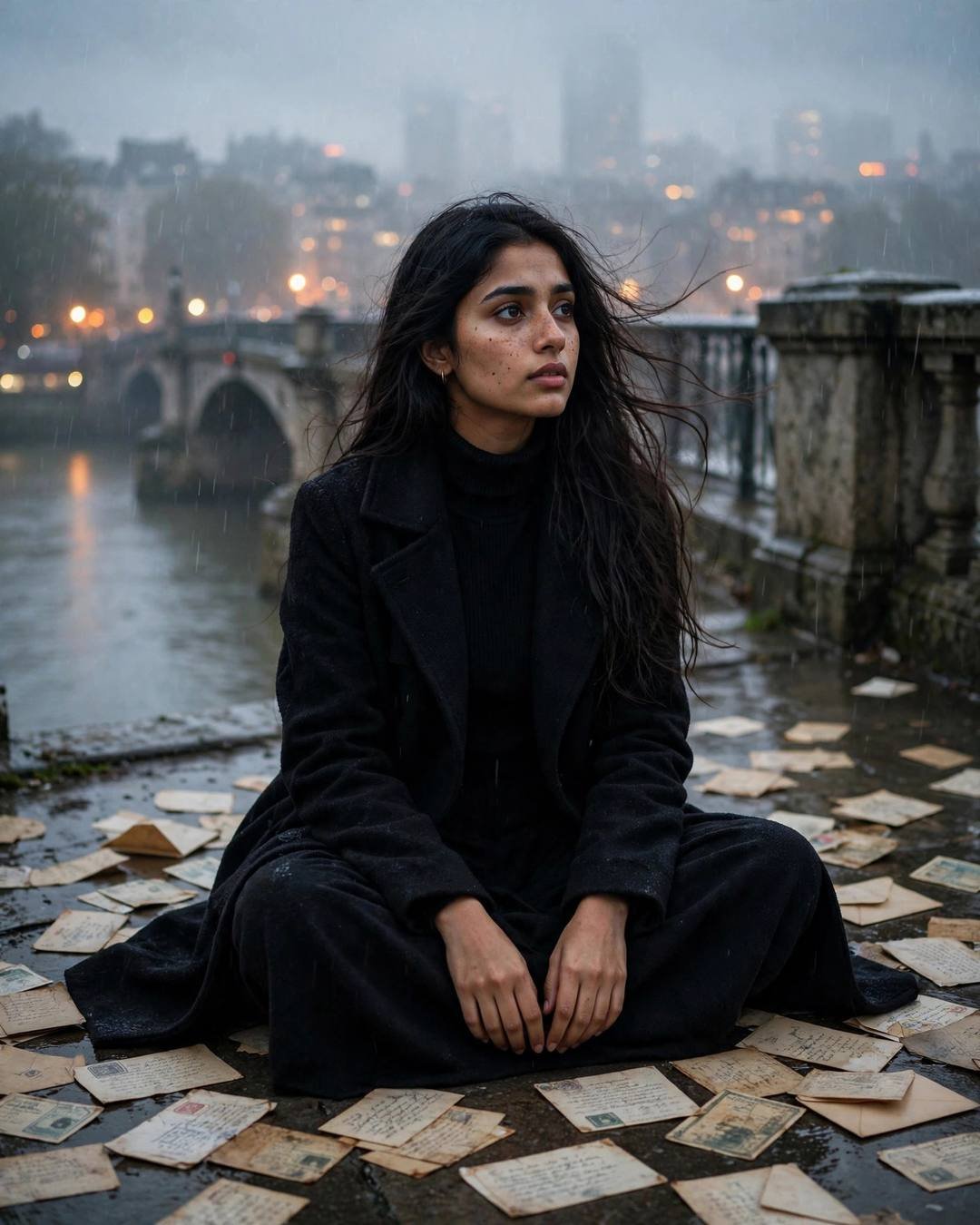 Young woman in a black turtleneck and long coat sitting cross-legged among old letters by a bridge over a river at dawn, hair in the breeze