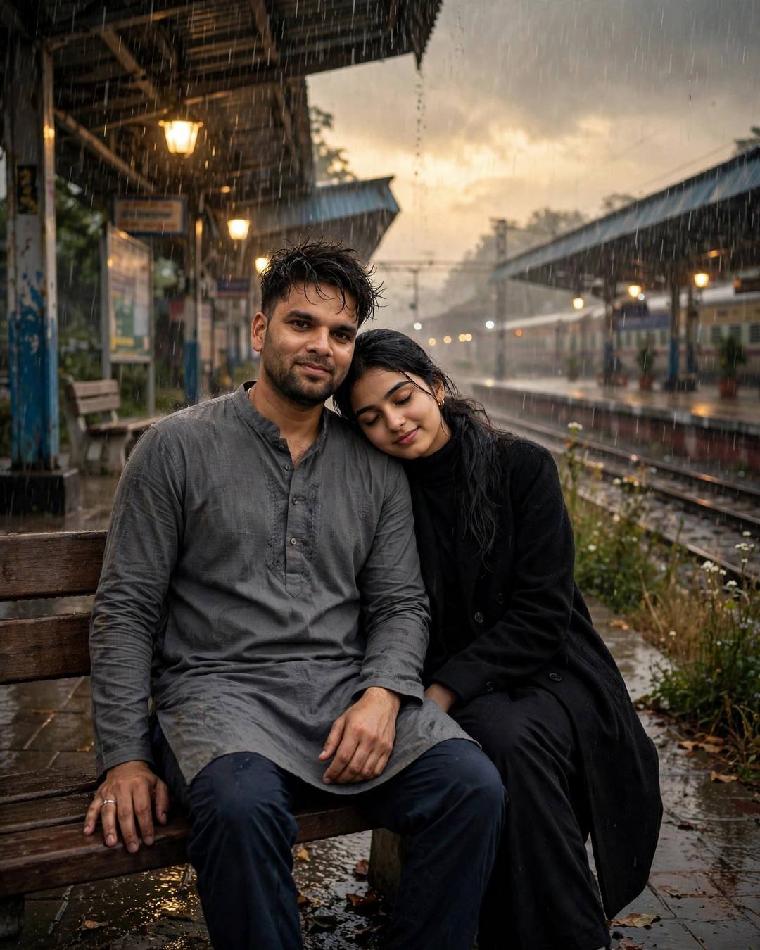 Young Indian couple sitting close on a wooden bench on a rainy railway platform, man in grey kurta, woman in black turtleneck with long coat, her head resting on his shoulder