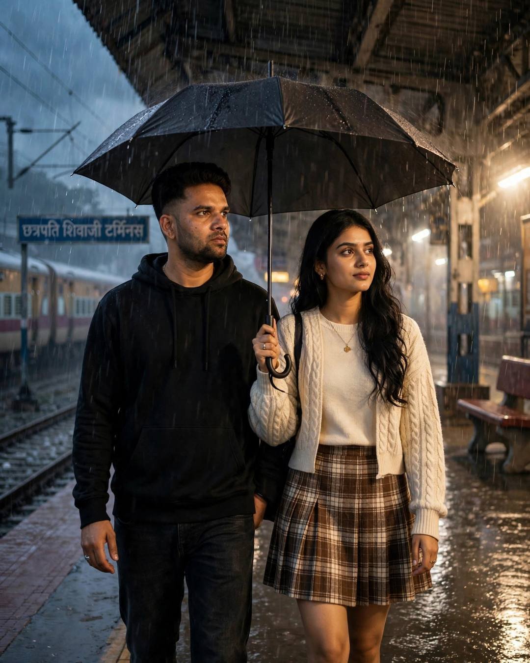 Young Indian couple standing under one black umbrella on a rainy railway platform, man in black hoodie, woman in cream knit top and plaid skirt, Chhatrapati Shivaji Terminus sign behind