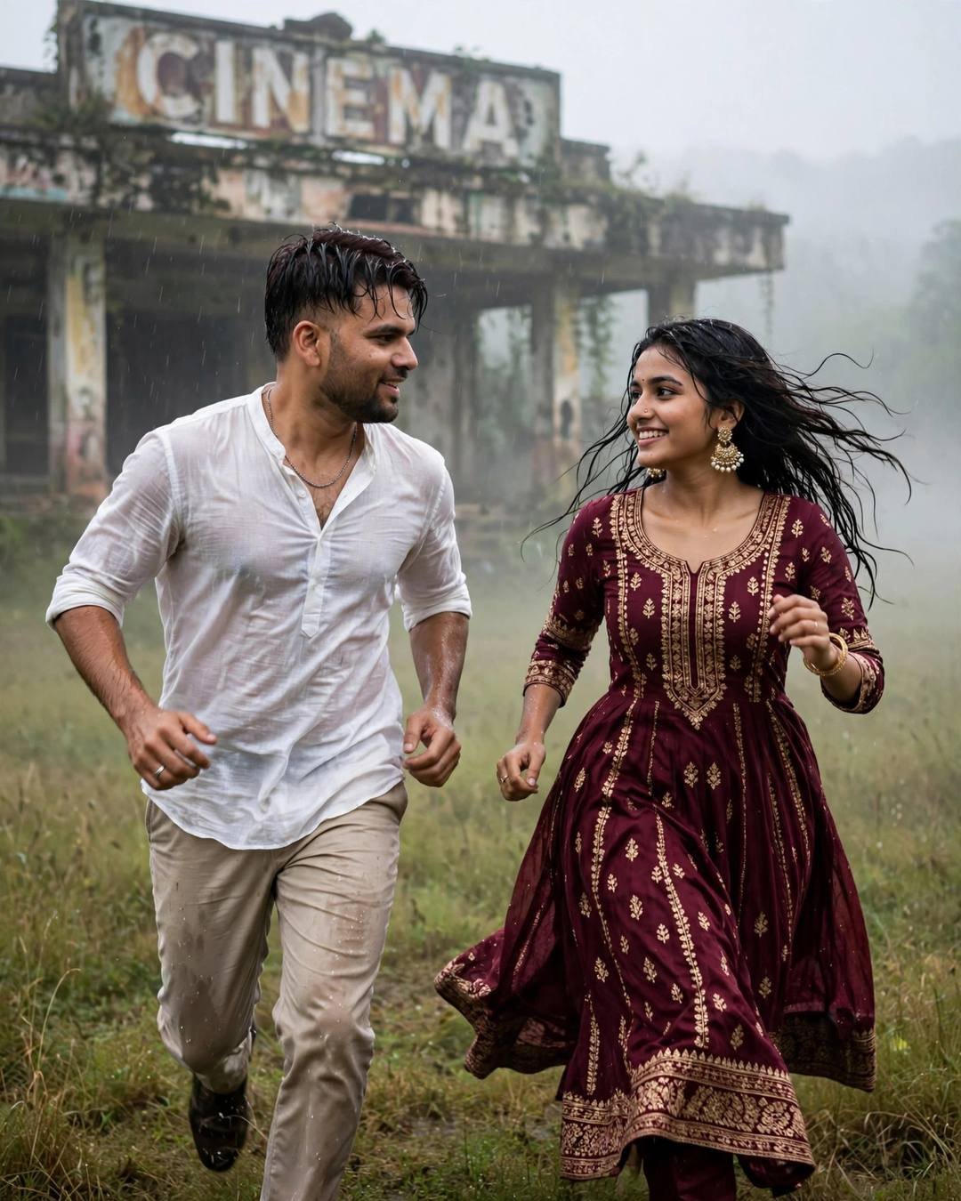 Young Indian couple running toward each other across a rain-wet field in front of an abandoned cinema, man in white linen shirt, woman in maroon anarkali with jhumkas
