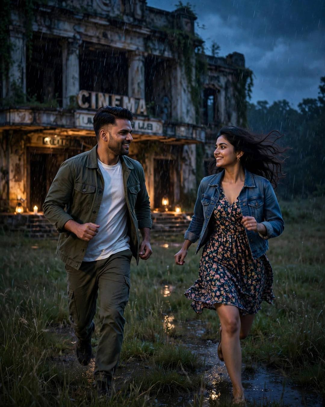 A couple running toward each other laughing before an abandoned cinema at night, candles burning in the doorways, rain falling