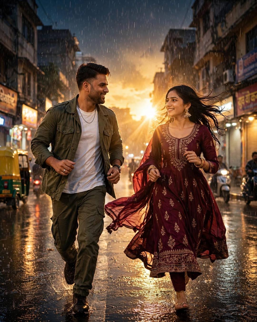 A couple running hand in hand down a rain-soaked city street at sunset, her maroon dupatta flying, both laughing