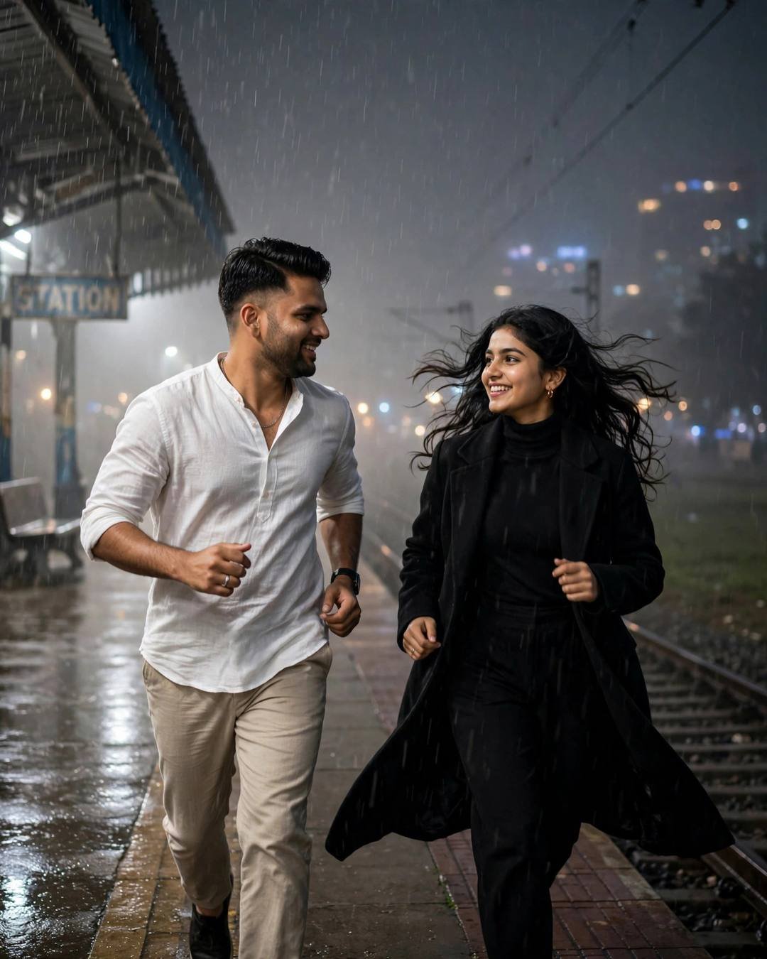 A couple running toward each other laughing on a rainy railway platform at night, her coat and hair flying