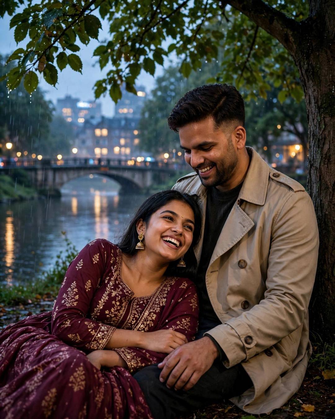 A laughing couple under a riverside tree by an old stone bridge at blue hour, she in a maroon anarkali with jhumkas