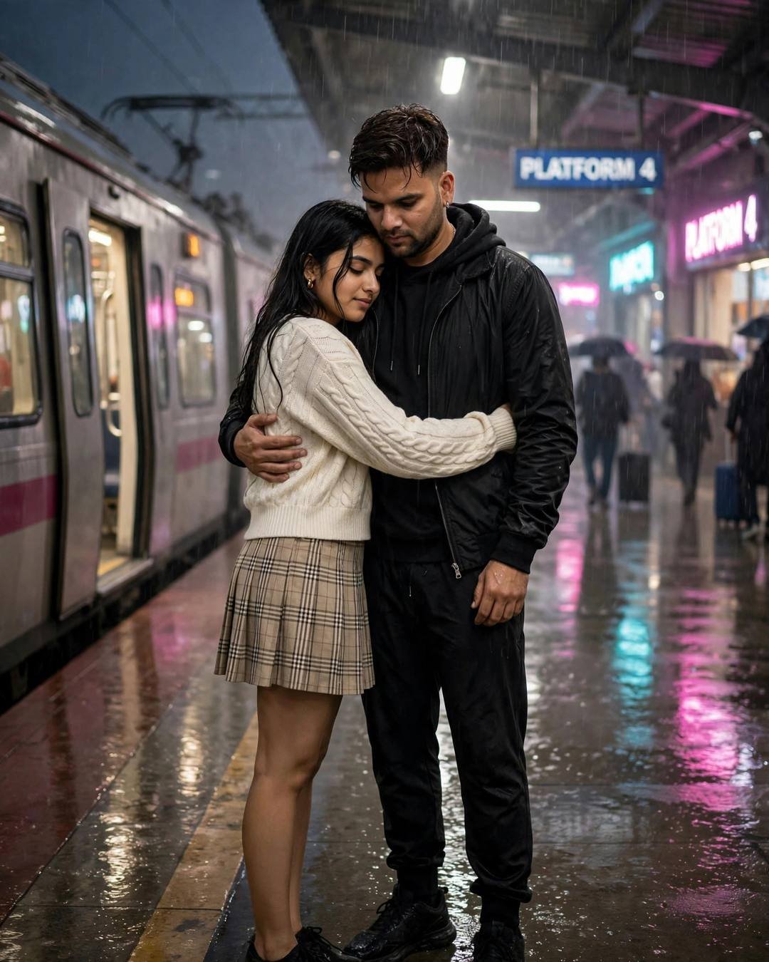 A couple embracing on a neon-lit rainy railway platform at midnight, the train waiting with open doors