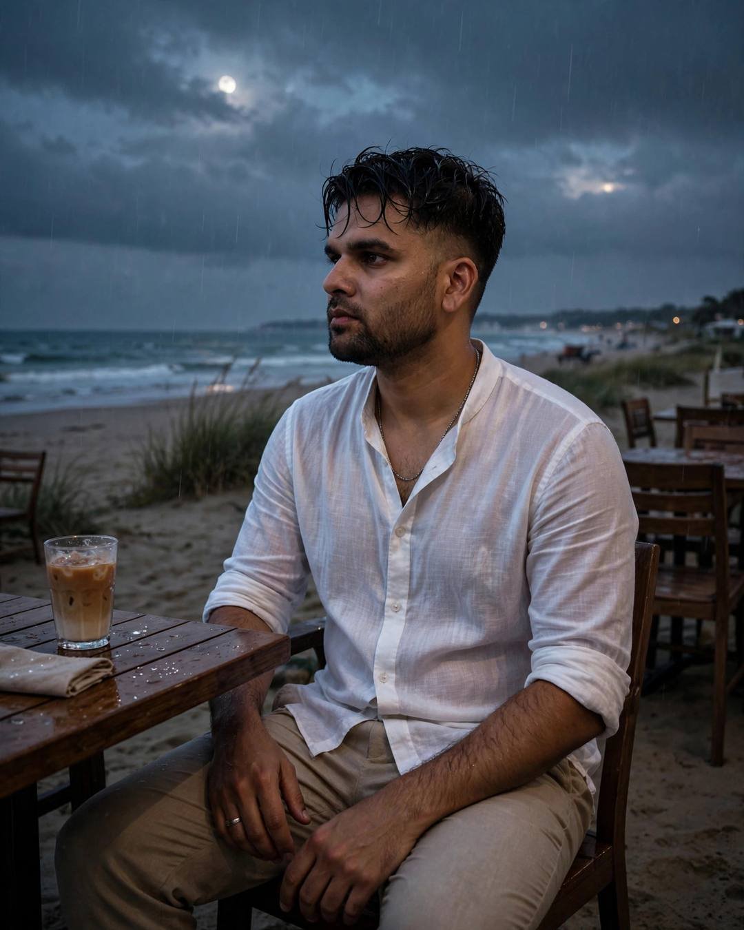Young Indian man in white linen at a rainy beach cafe table, gazing at the moonlit sea