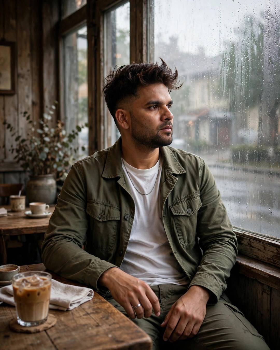 Young Indian man in olive jacket at a cafe table by a fogged window in the rain