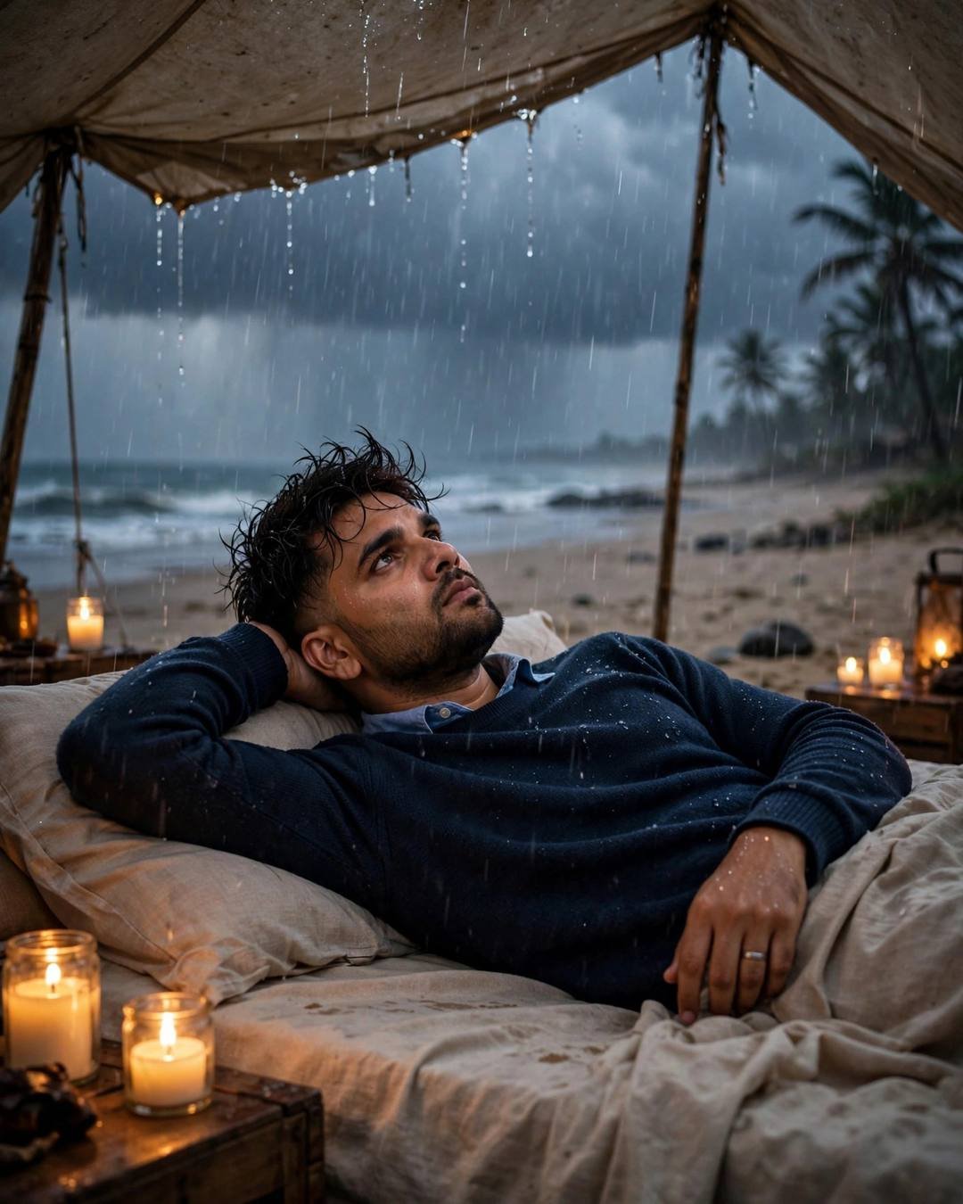 Young Indian man in navy sweater reclined on a beach daybed under a rain-hammered canopy