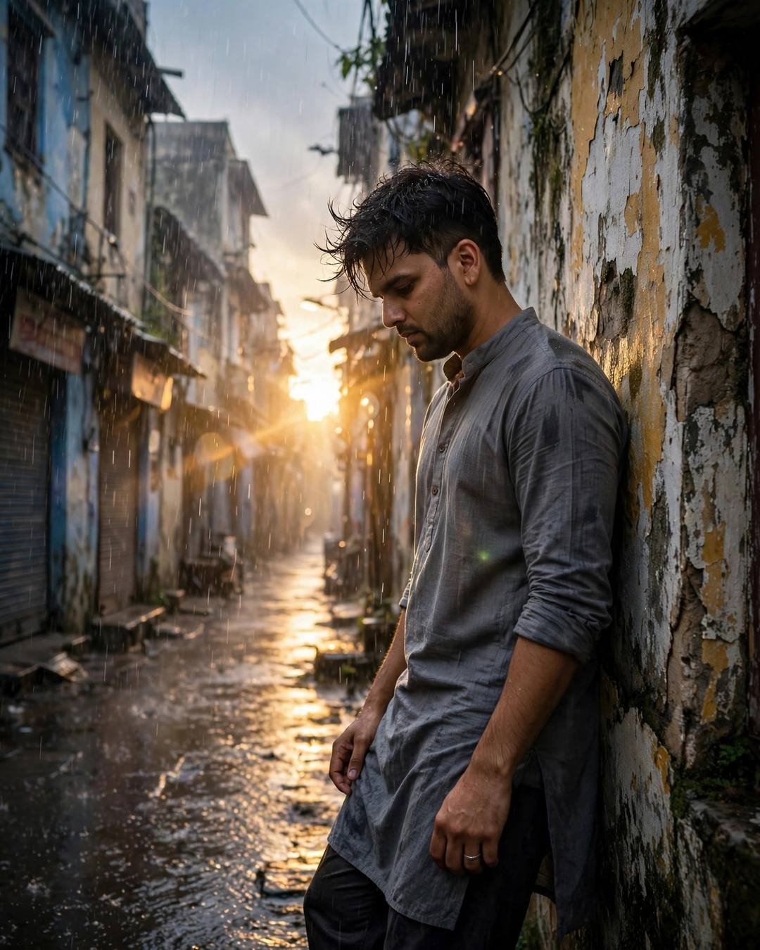 Young Indian man in grey kurta leaning against a weathered wall in a rainy old-city lane, golden flare