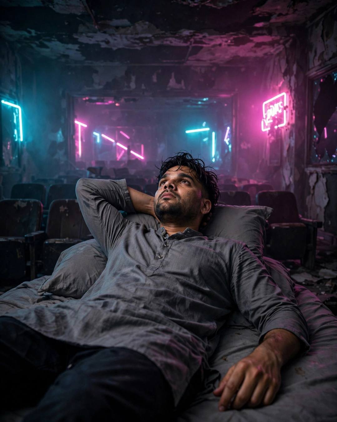 Young Indian man in grey kurta reclined in a neon-lit abandoned cinema, staring at the ceiling