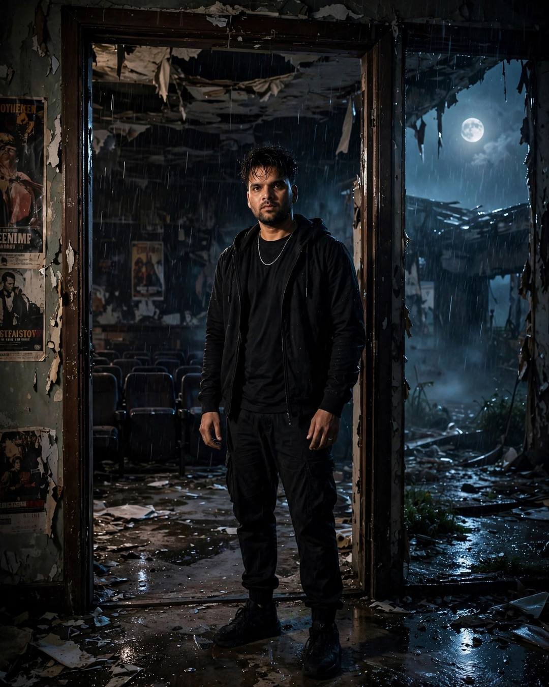 Young Indian man in all-black streetwear standing in the broken doorway of an abandoned cinema hall at night, rain falling, full moon behind