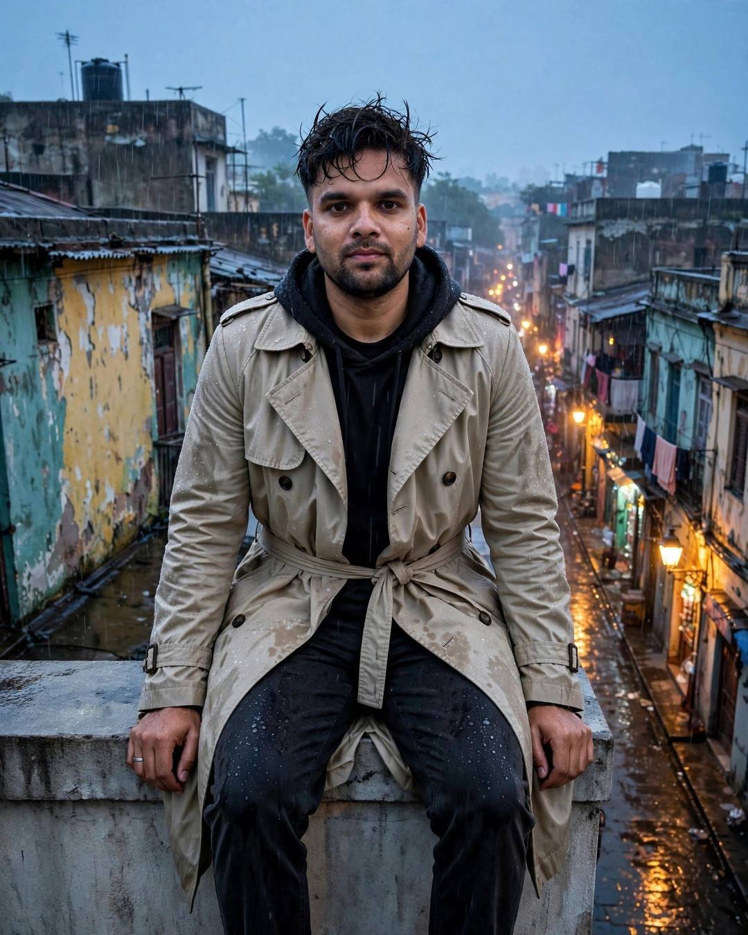 Young Indian man in a beige trench coat sitting on a rooftop ledge above a narrow old-city lane at blue hour, legs dangling, sodium lamps glowing