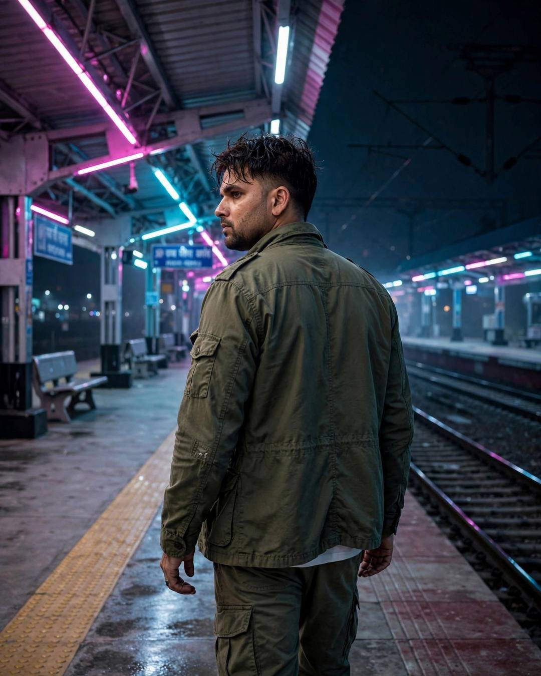 Young Indian man in an olive field jacket walking away from the camera down an empty railway platform at night, neon pink and cyan lights