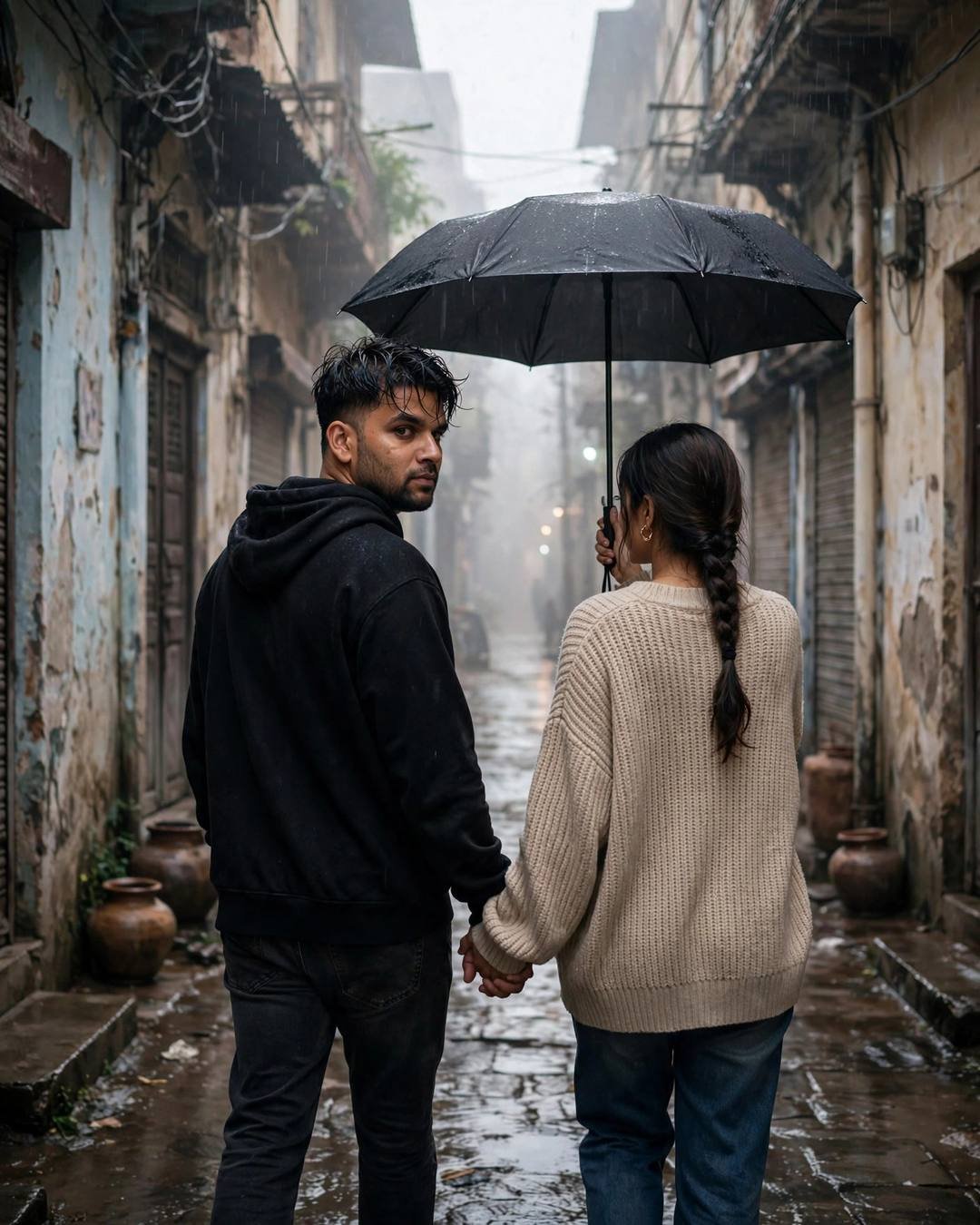 A couple walking hand in hand away down a rainy old-city lane, the woman holding one black umbrella over them both