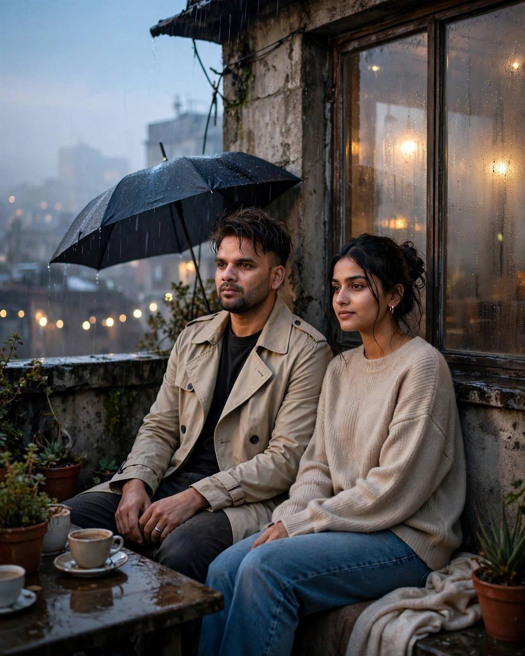 A couple sitting with backs against a rooftop wall under one umbrella, chai cups steaming beside them in the drizzle